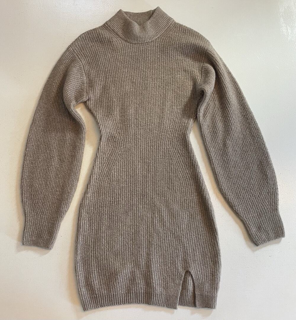 H&M Women XS Knitted Mock Turtleneck Mini Dress Tan Beige Balloon Sleeves